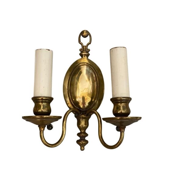 Antique Solid Brass Dutch Colonial Style Wall Sconce with Pull Two Light - Picture 1 of 6